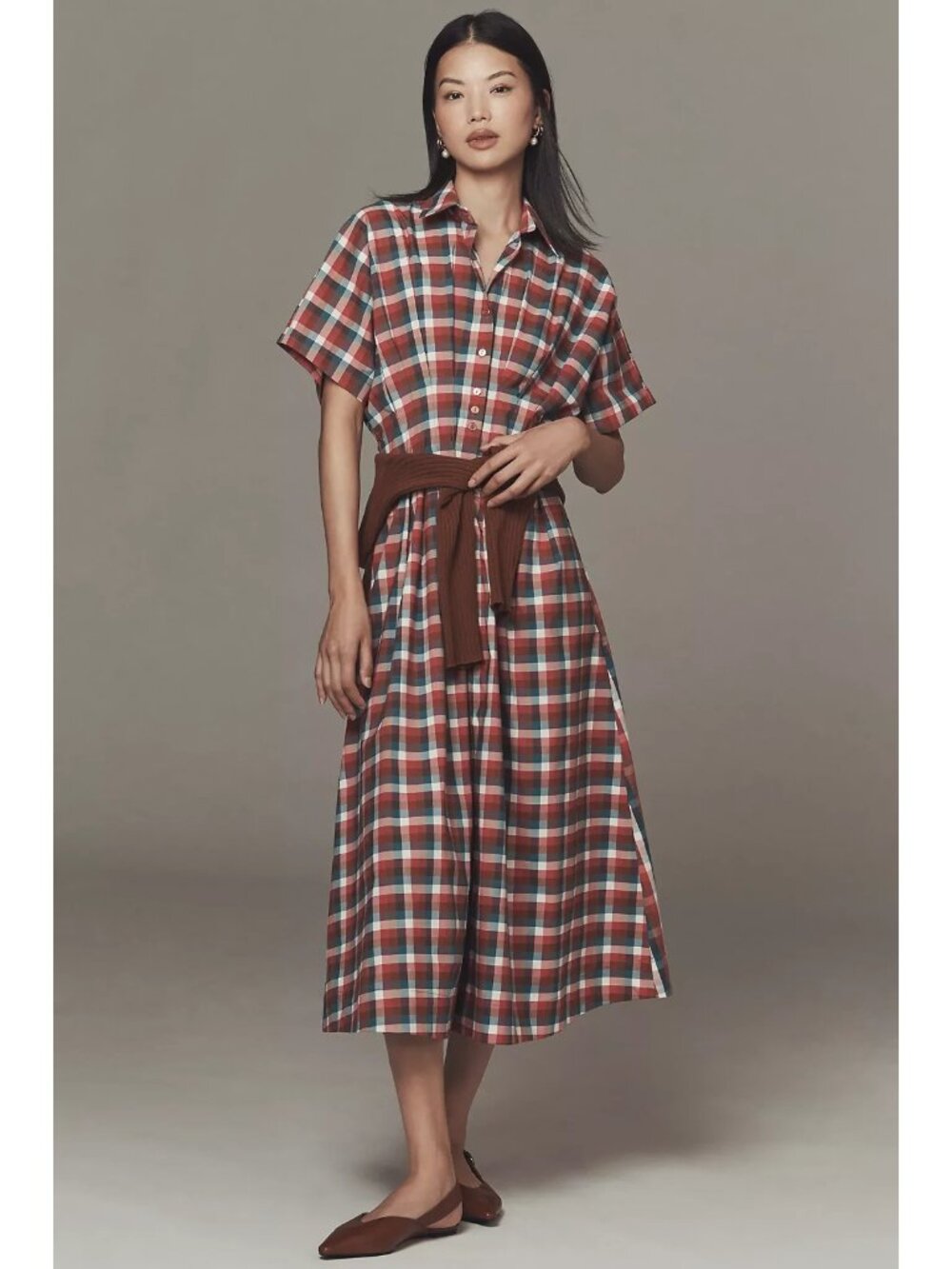 NWT Anthropologie Exquise The Tobie in Raspberry Plaid Cotton Shirt Dress L